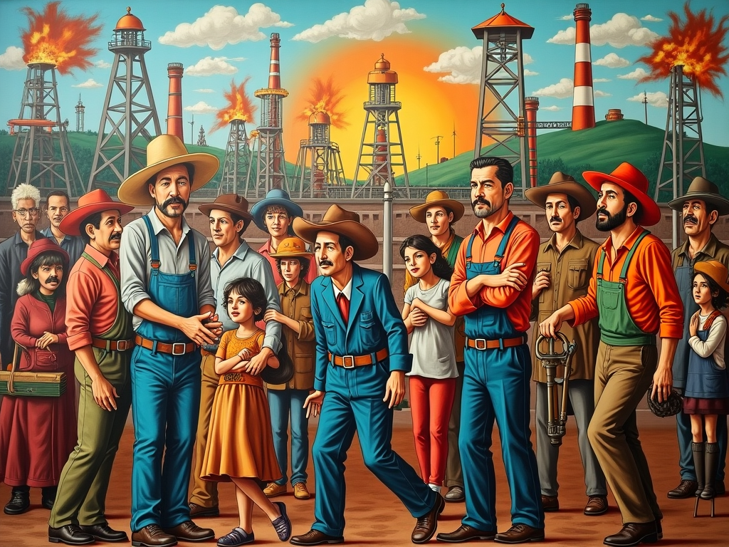 Mural representando la historia petrolera de México